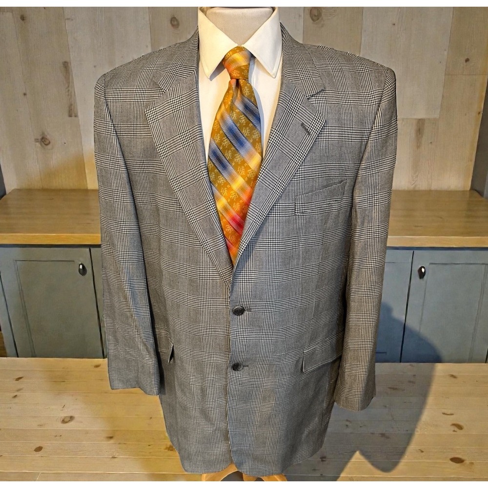 Jack‎ Victor Blazer Sport Coat 44L Gray Black Plaid Italian Bamboo Viscose